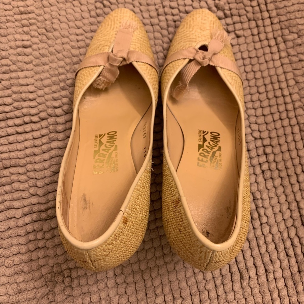 Salvatore Ferragamo Raffia Top Leather Heels Pumps with Ribbon Cream Beige 9 - Picture 7 of 16
